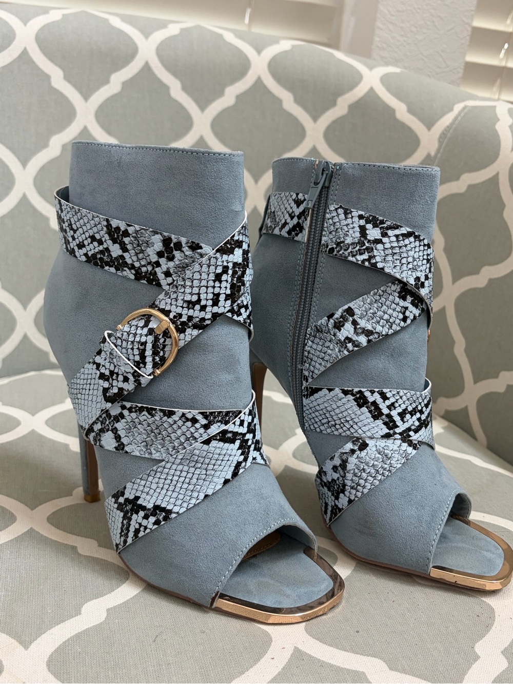 JustFab Light Blue Suede Open-Toe Heeled Booties with Snake-Print Straps
